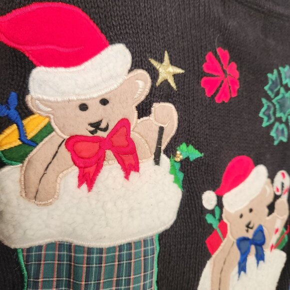 Vintage Ugly Christmas Sweater Cardigan Embroidered Teddy Bears Winter Cute - Picture 6 of 9